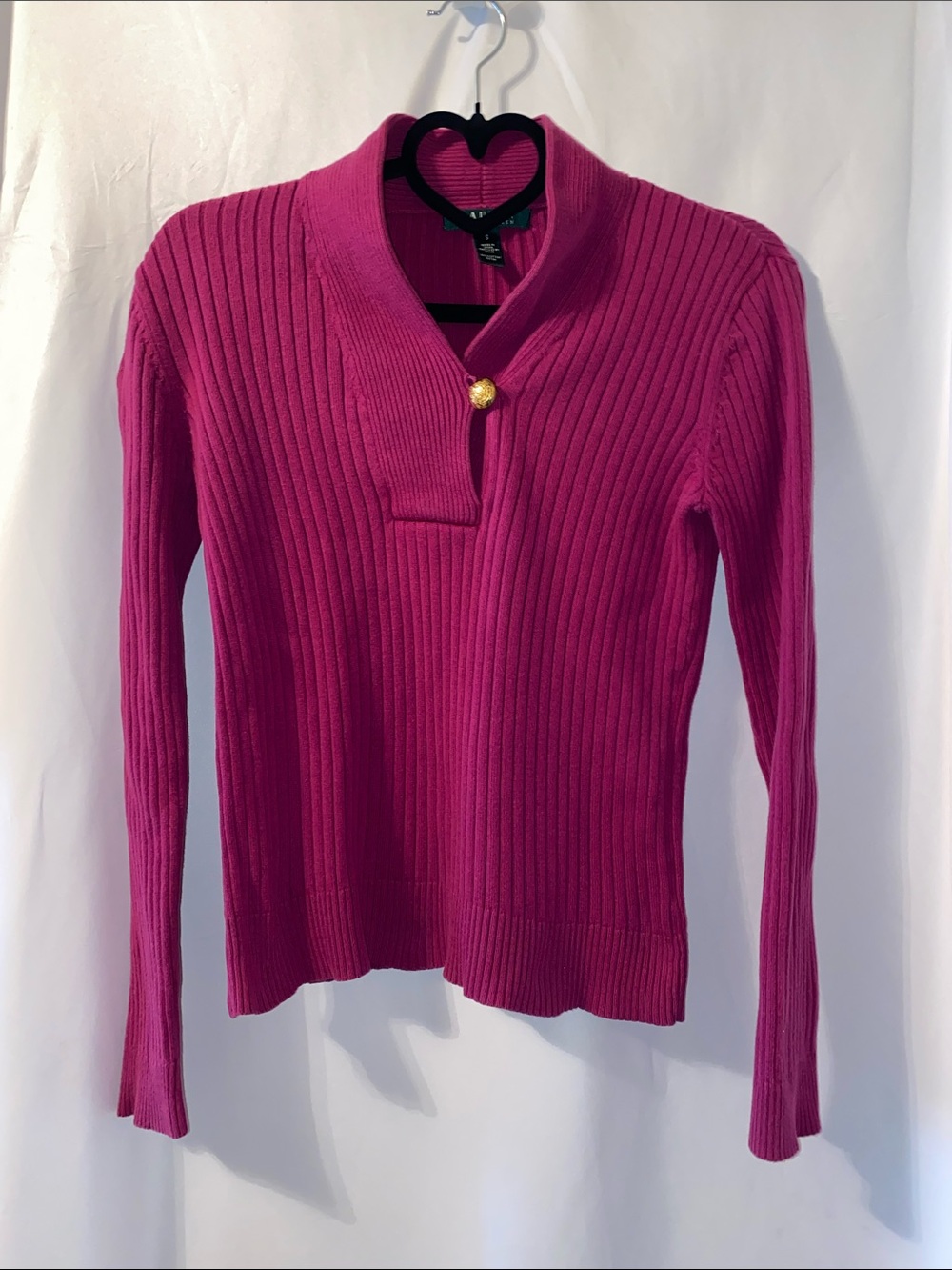 Lauren Ralph Lauren Fuchsia Ribbed Shawl-Collar Sweater with Gold Button S